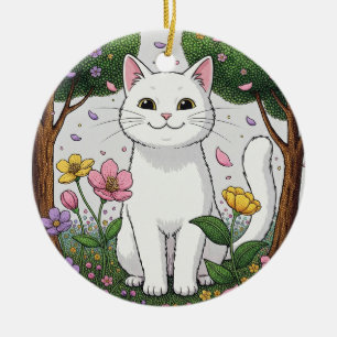 White Cat in a Colourful Garden Ceramic Tree Decoration