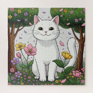 White Cat in a Colourful Garden Jigsaw Puzzle