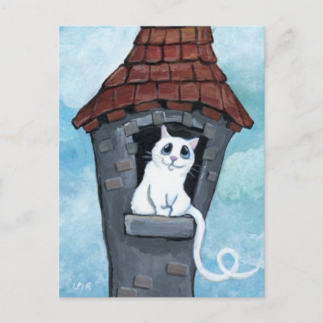 White Cat in a Fairy Tale Tower Postcards (Front)