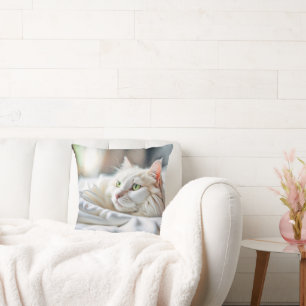 White Cat In A White Blanket Cushion