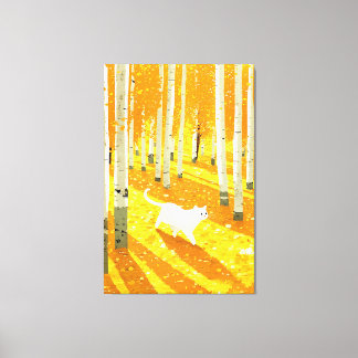 White Cat in Aspen Forest Illustration Art Canvas Print