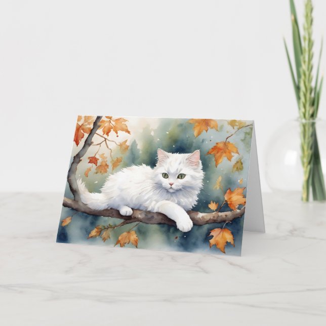 White Cat In Autumn Leaves Birthday Card (Front)
