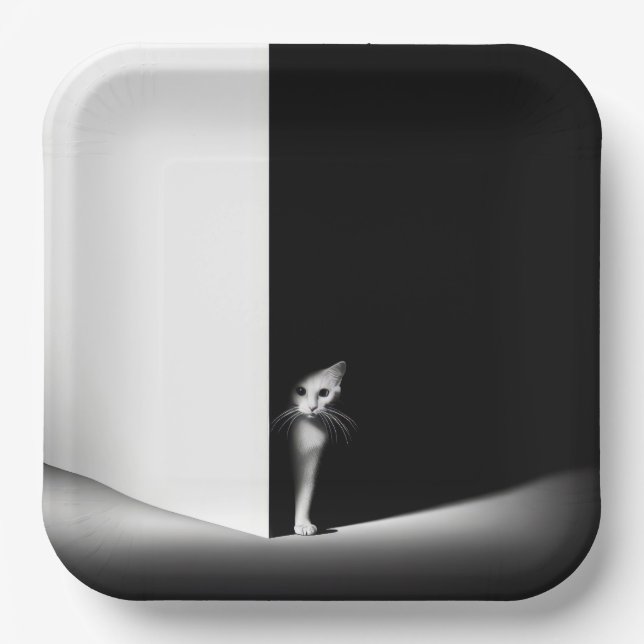 White Cat In Black Shadows Paper Plate (Front)
