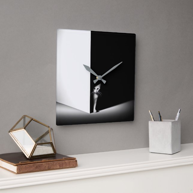 White Cat In Black Shadows Square Wall Clock (Office)