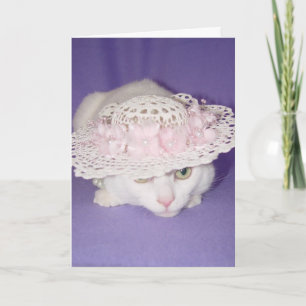 White Cat in Bonnet Holiday Card