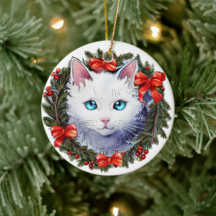 White Cat in Christmas Wreath Watercolor Painting, Ceramic Tree Decoration