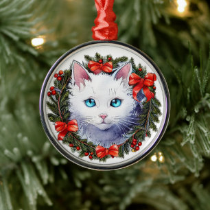White Cat in Christmas Wreath Watercolor Painting, Metal Tree Decoration