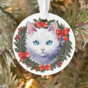 White Cat in Christmas Wreath Watercolor Painting, Ornament