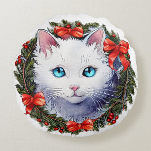 White Cat in Christmas Wreath Watercolor Painting, Round Cushion