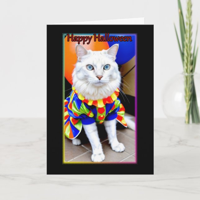 White Cat in Clown Costume Halloween Card (Front)