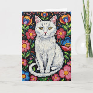 White Cat in Colourful Folk Art Flowers Card