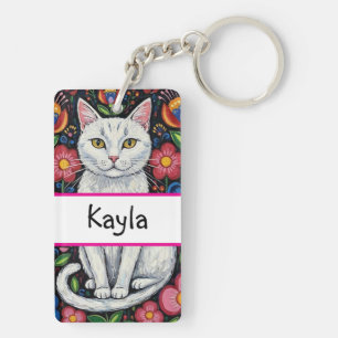 White Cat in Colourful Folk Art Flowers Personalis Key Ring