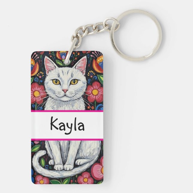 White Cat in Colourful Folk Art Flowers Personalis Key Ring (Back)