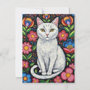White Cat in Colourful Folk Art Flowers Postcard