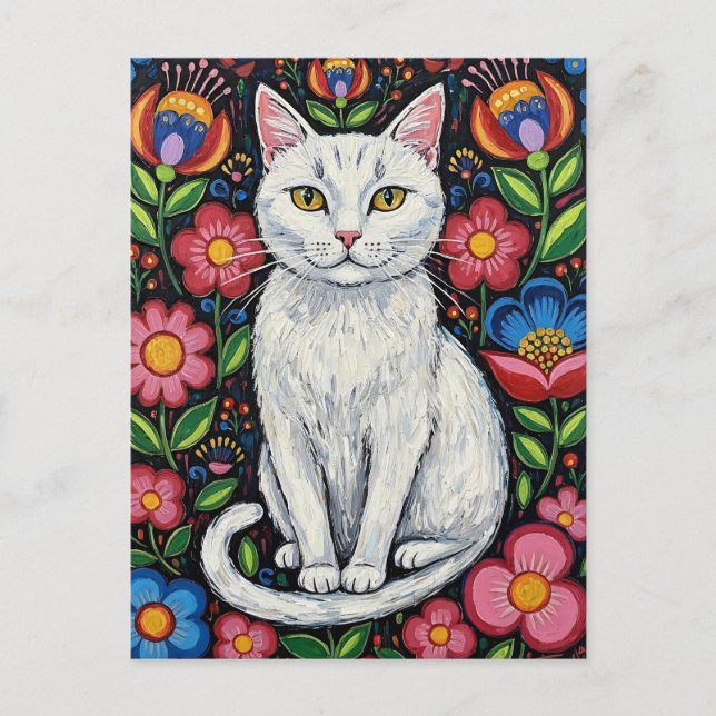 White Cat in Colourful Folk Art Flowers Postcard (Front)