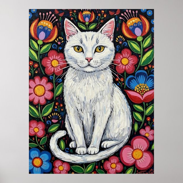 White Cat in Colourful Folk Art Flowers Poster (Front)