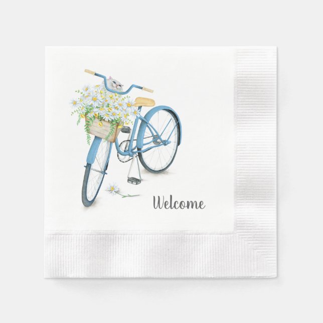 white cat in daisy basket on bike napkin (Front)