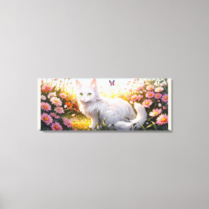 White Cat in Flower Field Ai Art Canvas Print