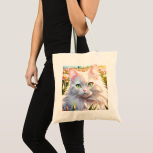 White Cat in Flower Field AI Art Tote Bag