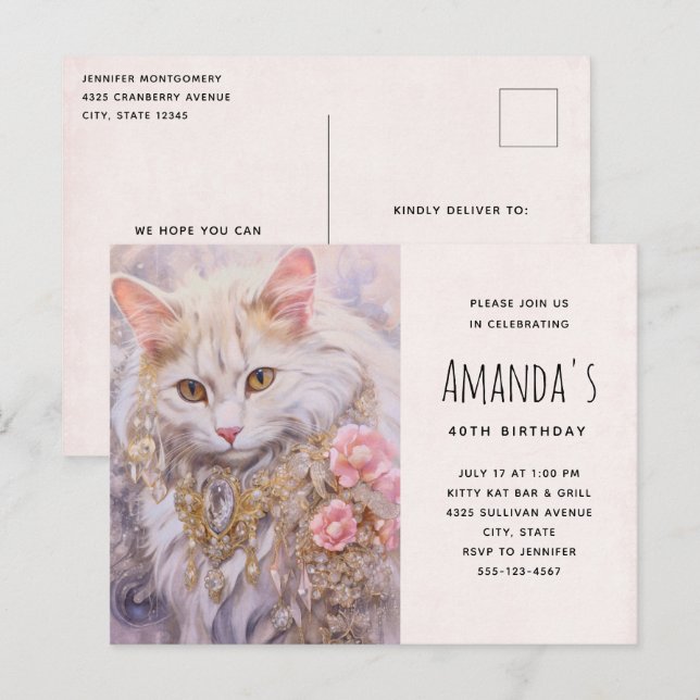 White Cat in Gold and Diamonds Birthday Invitation (Front/Back)