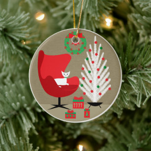 White Cat in Mid Century Christmas Room Ceramic Tree Decoration