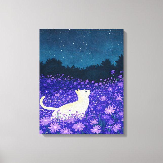White Cat in Midnight Blossoms Canvas Print (Front)
