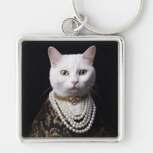 White Cat in Pearl Necklace  Key Ring