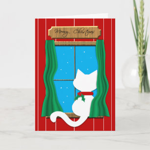 White Cat  in Snowy Window - Meowy Christmas Card
