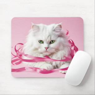 White Cat In Tangled In Pink Ribbons Mouse Mat