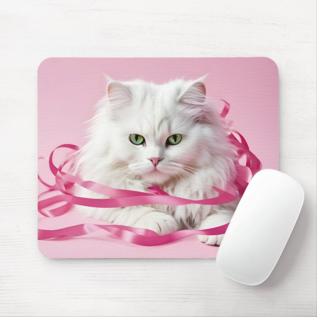 White Cat In Tangled In Pink Ribbons Mouse Mat (With Mouse)