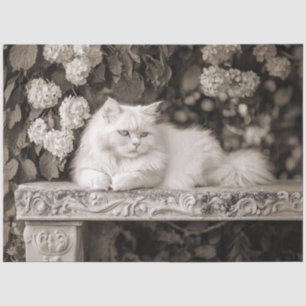 White Cat in the Flower Garden Decoupage Tissue Paper
