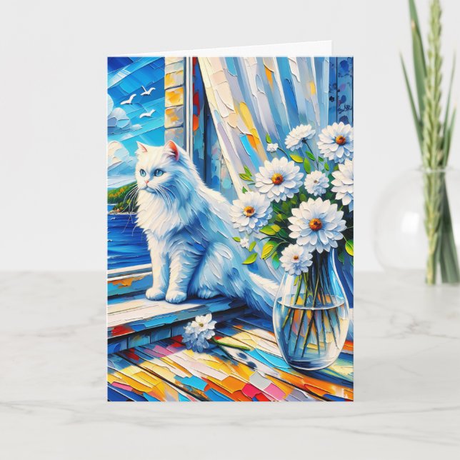 White Cat in Window sill Looking out at the Ocean Card (Front)