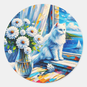 White Cat in Window sill Looking out at the Ocean Classic Round Sticker