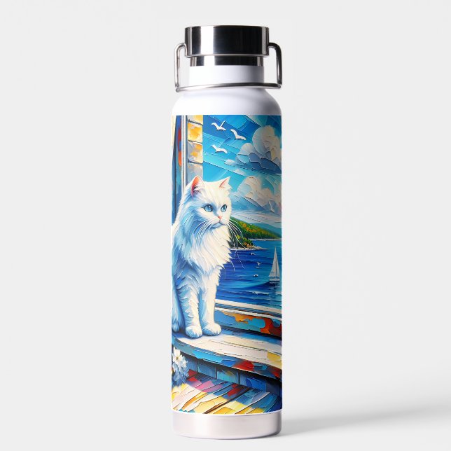 White Cat in Window sill Looking out at the Ocean Water Bottle (Back)