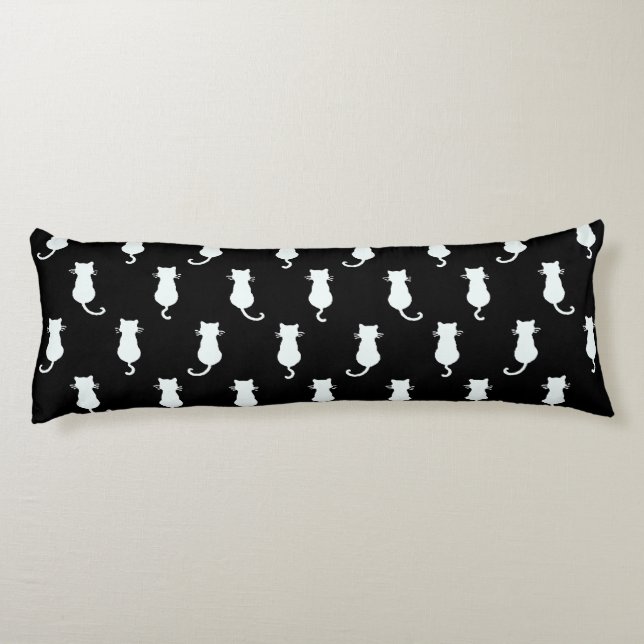 White Cat Isolated on Black Polka Dot Pattern Body Cushion (Back)