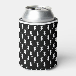 White Cat Isolated on Black Polka Dot Pattern Can Cooler