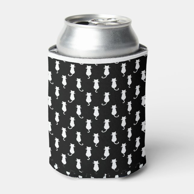 White Cat Isolated on Black Polka Dot Pattern Can Cooler (Can Front)