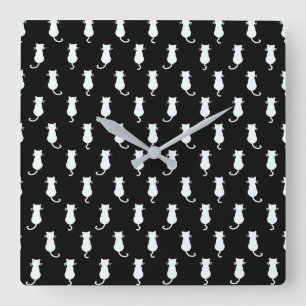 White Cat Isolated on Black Polka Dot Pattern Square Wall Clock