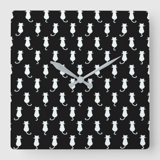 White Cat Isolated on Black Polka Dot Pattern Square Wall Clock (Front)