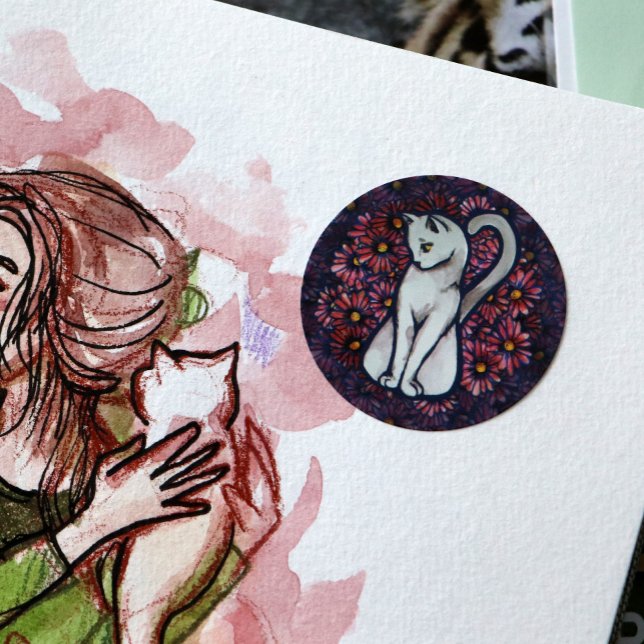 White Cat Mauve Daisies                            Classic Round Sticker (Creator Uploaded)