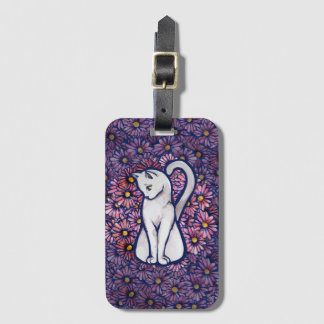 White Cat Mauve Daisies Luggage Tag