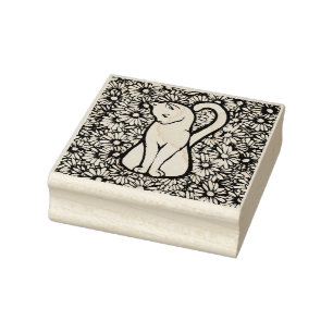 White Cat Mauve Daisies                           Rubber Stamp