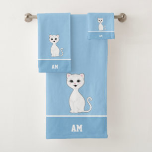 White Cat & Monogram on Light Blue Bath Towel Set