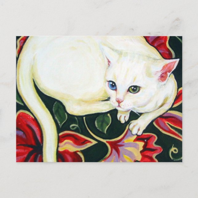 White Cat on a Cushion Postcard (Front)