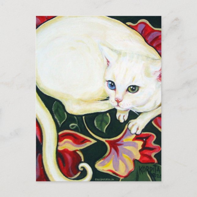 White Cat on a Cushion Postcard (Front)