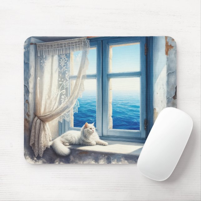 White Cat On a Windowsill With Ocean View Mouse Mat (With Mouse)