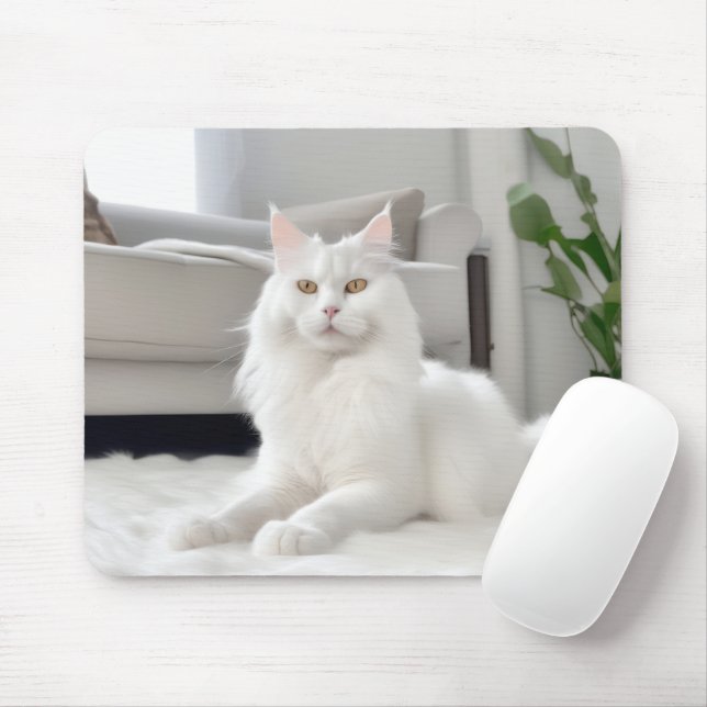 White Cat On Fur Rug Mouse Mat (With Mouse)