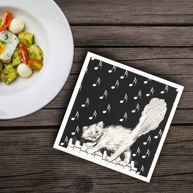 White Cat on Piano Keys Music Notes Napkin (White winking cat walking on piano keys music notes on black and white paper party napkins.)