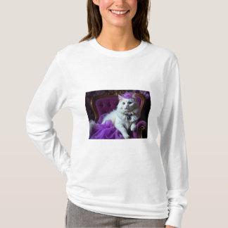 white cat on purple armchair t-shirt