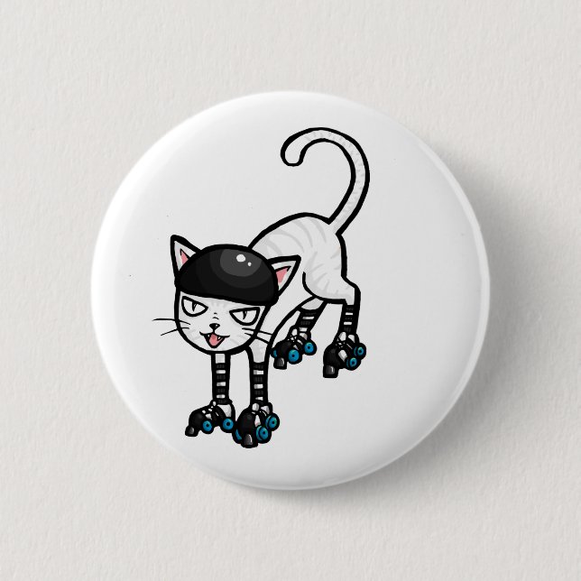 White cat on rollerskates 6 cm round badge (Front)
